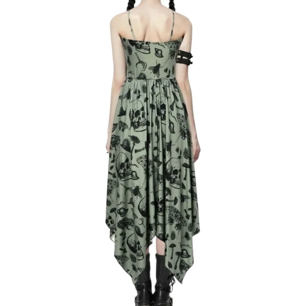 Shasilo Gothic Witchy Skull Print Sleeveless Handkerchief Sage Green Dress - Picture 5 of 9